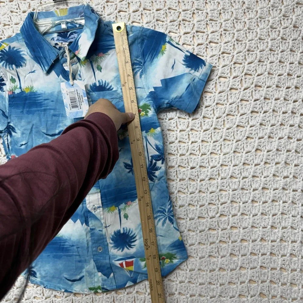 NWT Tommy Bahama shirt Boys Sz 7 Blue Button Up Tropical Floral short Sleeve